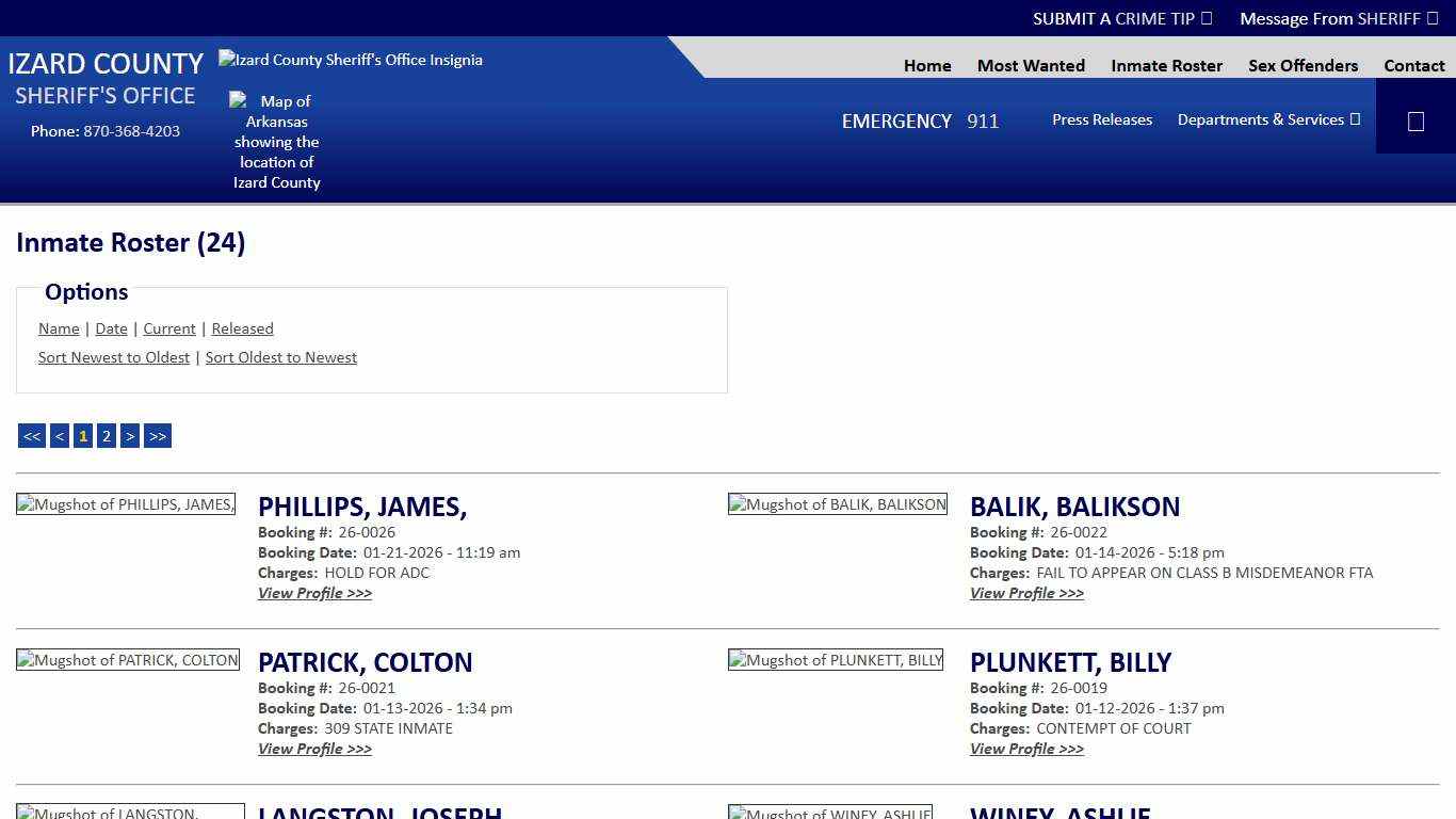 Inmate Roster - Current Inmates Booking Date Descending - Izard County Sheriff AR
