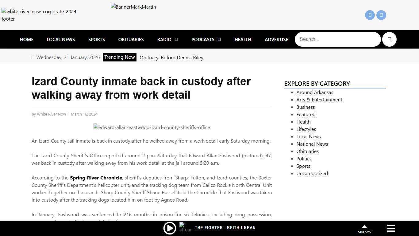 Izard County inmate back in custody after walking away from work detail | White River Now - Batesville, AR