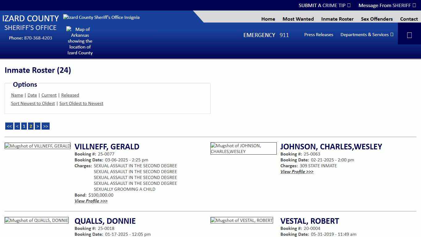 Inmate Roster - Page 2 Current Inmates Booking Date Descending - Izard County Sheriff AR