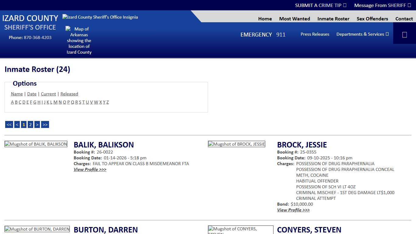 Inmate Roster - Page 1 Current Inmates - Izard County Sheriff AR